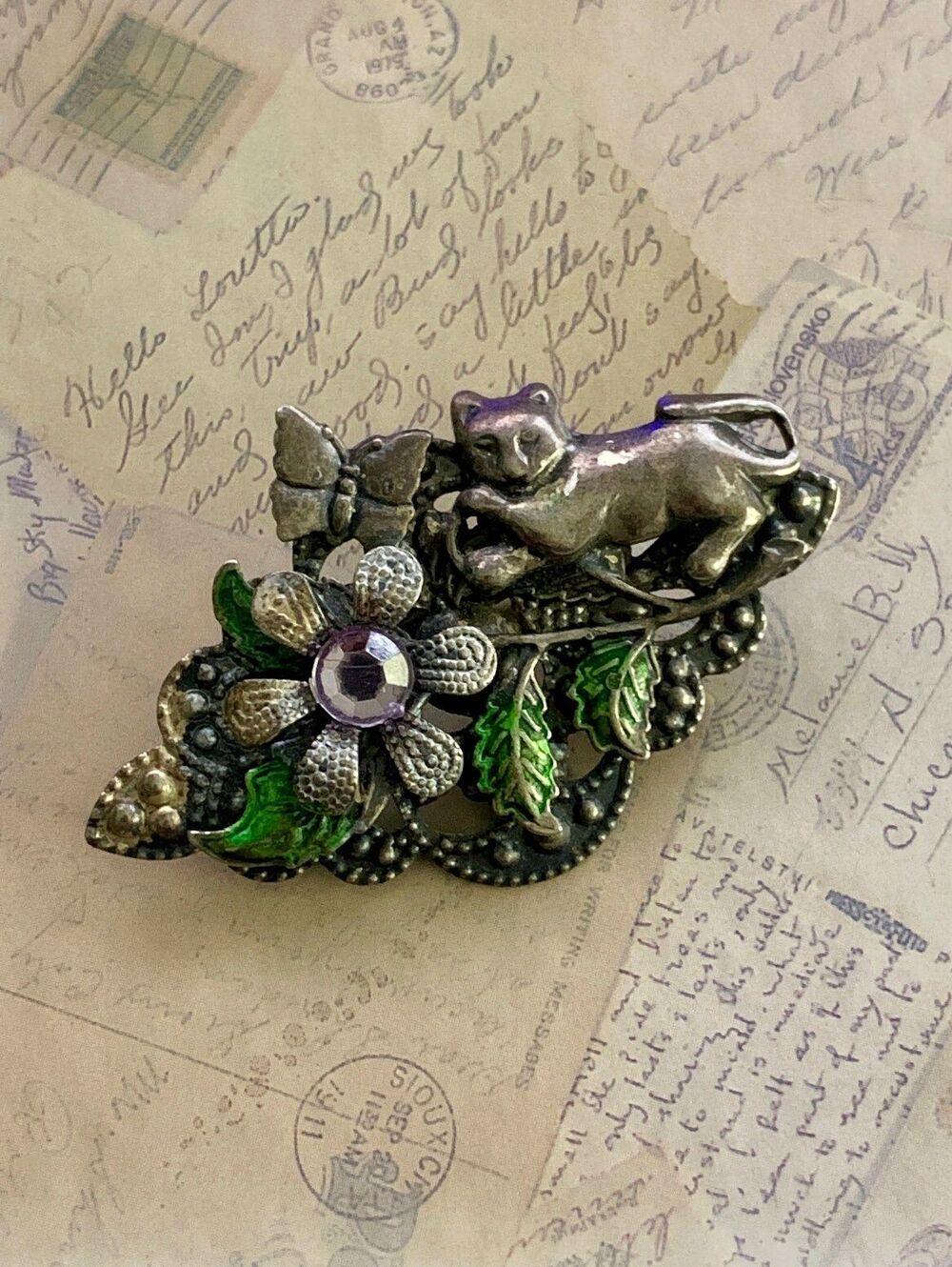 Vintage Whimsical Cat & Flower Brooch with Green Enamel & Rhinestone Accent